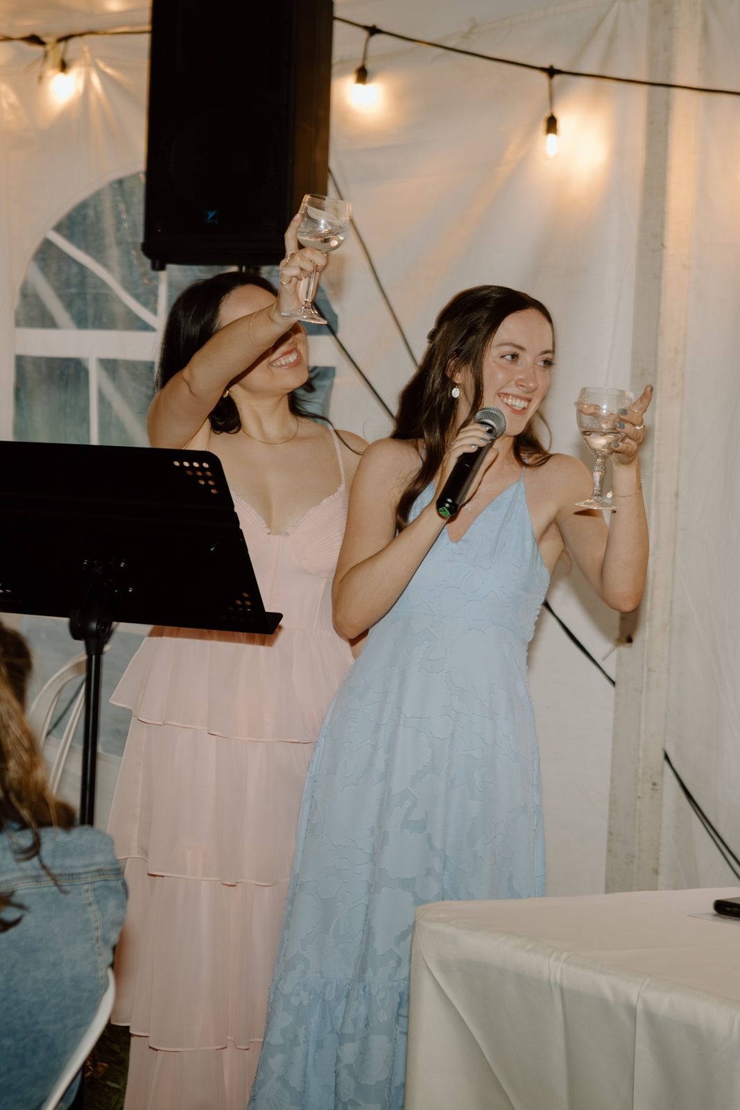 Maids of honour toasting the bride and groom at a wedding reception.