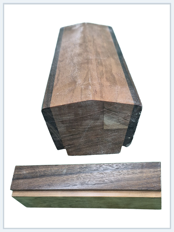 Two views of a dark walnut wood beam with beveled edges, showing grain texture and hollow rectangular cross-section.