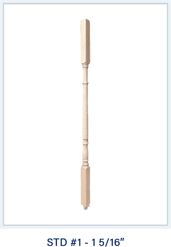 STD #1 wooden baluster spindle, 1 5/16 inch, featuring classic turned design with decorative details.