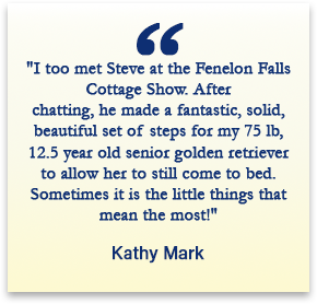 Customer testimonial from Kathy Mark praising Steve for building wooden steps for her senior golden retriever.