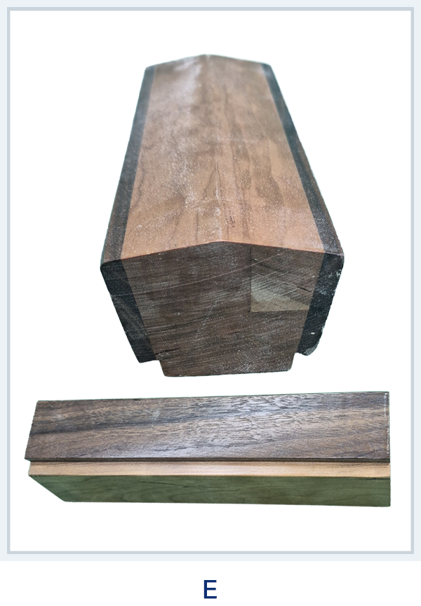 Two views of a wooden block with beveled edges, showcasing natural wood grain in dark brown tones.