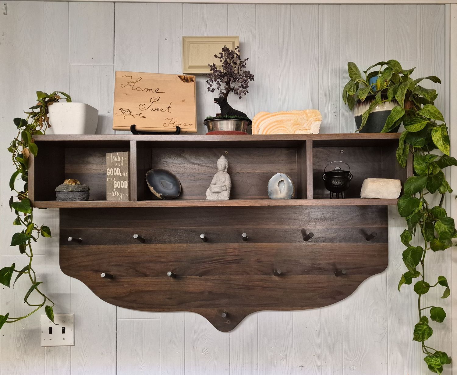 Dark walnut wall-mounted Entryway coat rack and shelf.