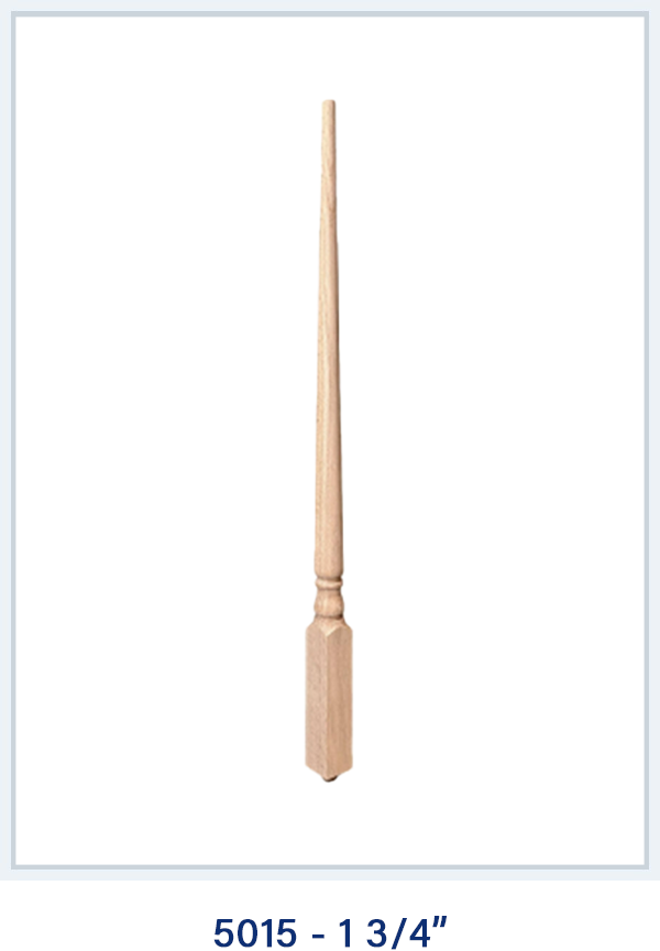 Wooden baluster spindle 5015, 1 3/4 inch, featuring a tapered top and decorative turned base for stair railings.