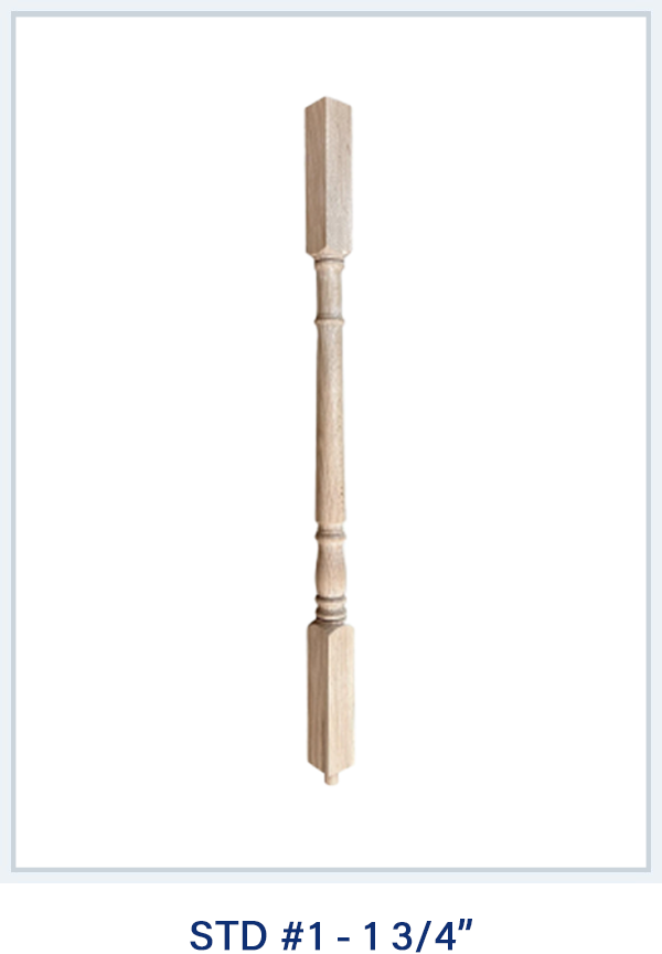 STD #1 wooden spindle, 1 3/4 inch, featuring turned design with square top and bottom ends.