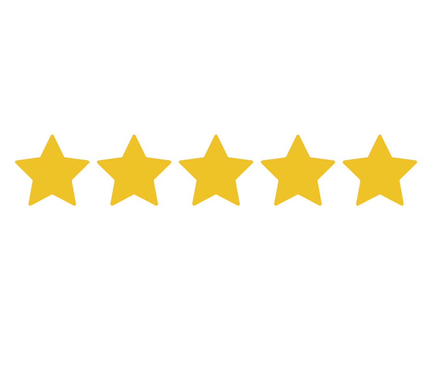 Five golden stars in a row representing a perfect five-star rating or review on a white background.