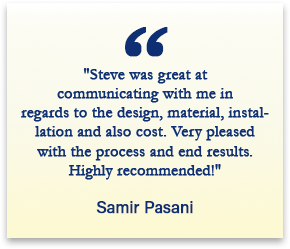 Customer review from Samir Pasani praising Steve's staircase design, materials, and installation communication.