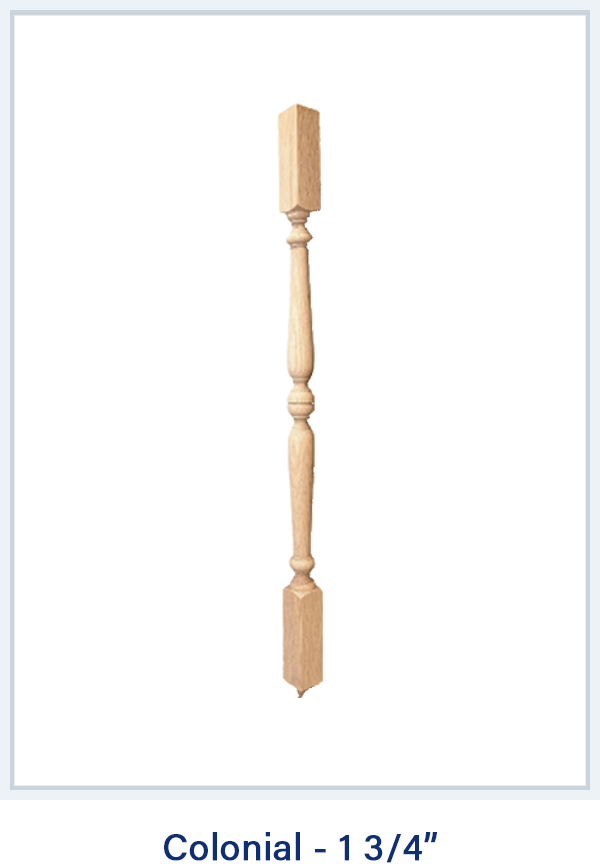 Colonial 1 3/4 inch wooden baluster spindle with turned design for staircases and railings.