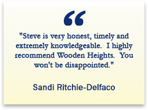 Customer testimonial quote card praising Steve from Wooden Heights for being honest, timely, and knowledgeable.