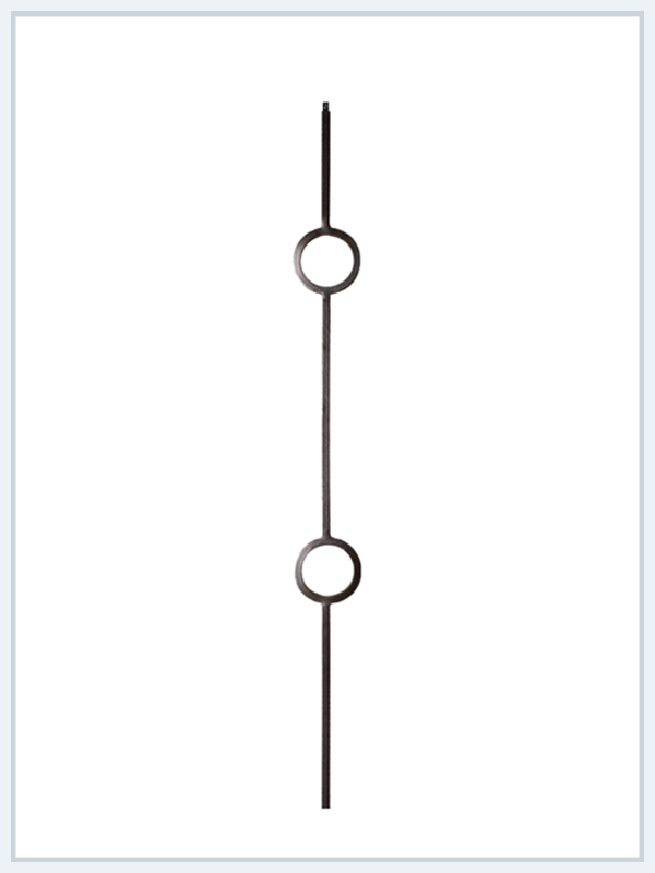 Black wrought iron baluster spindle with two decorative open circle rings, ideal for stair railings and banisters.