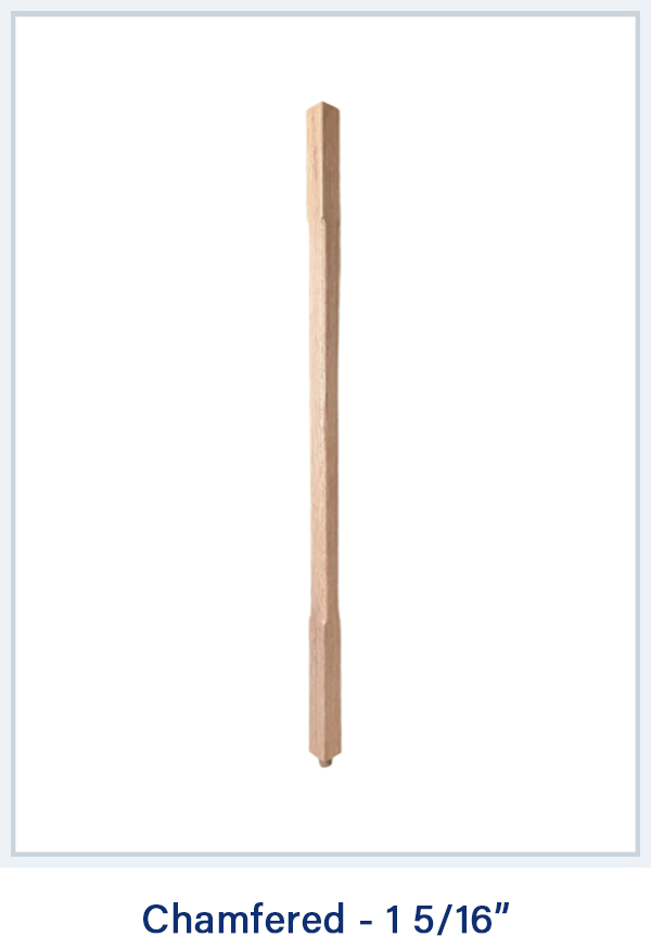 Chamfered wood baluster spindle, 1 5/16 inch, natural finish, square top and bottom, ideal for staircases and railings.