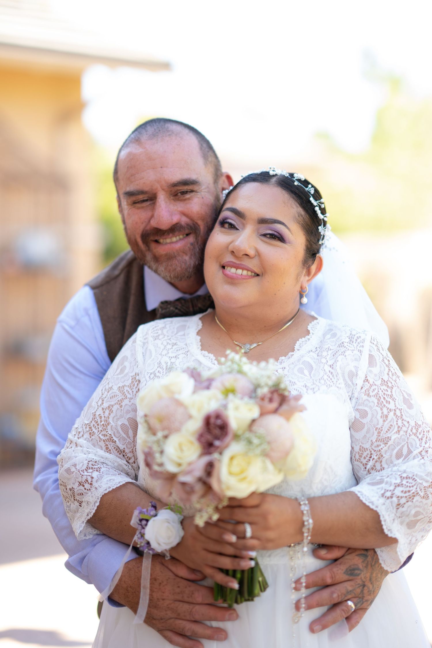 A series of joyful wedding portraits showing the bride holding a pink and white bouquet in an outdoor setting.