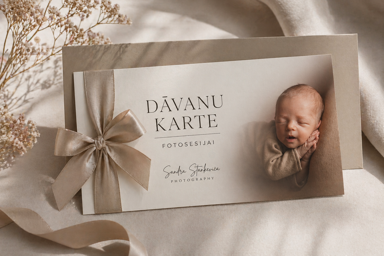 Elegant beige gift card for newborn photography session with satin bow and sleeping baby photo.