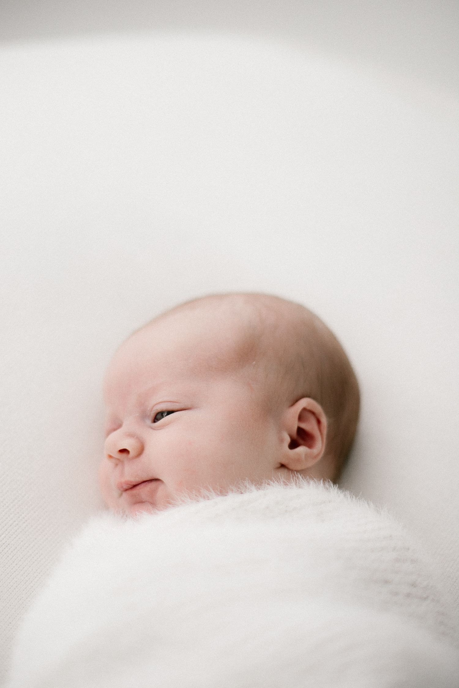 Peaceful newborn baby sleeping wrapped in a soft white fluffy blanket against a white background.
