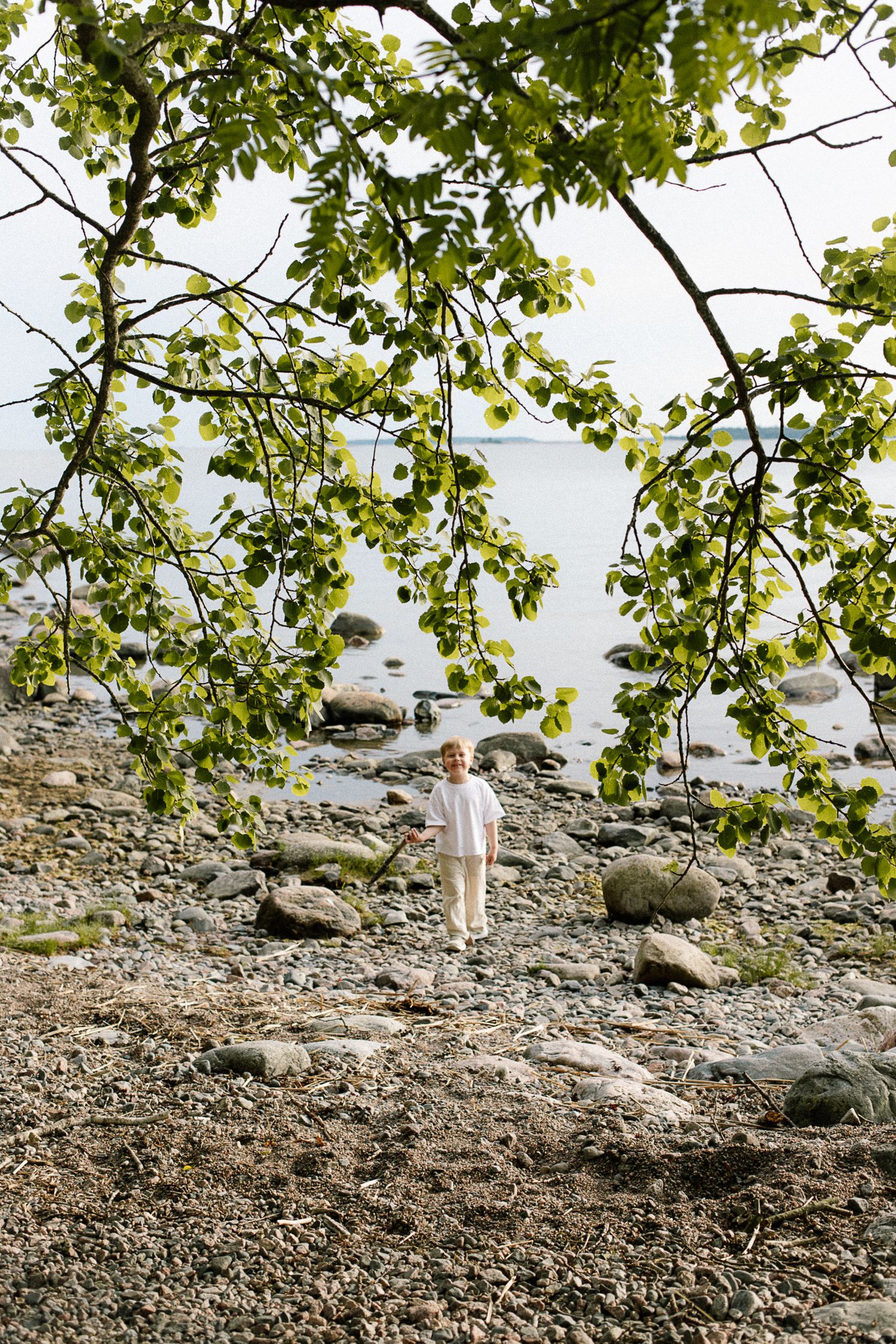 Child standing on rocky shoreline framed by green tree branches with calm water in background.