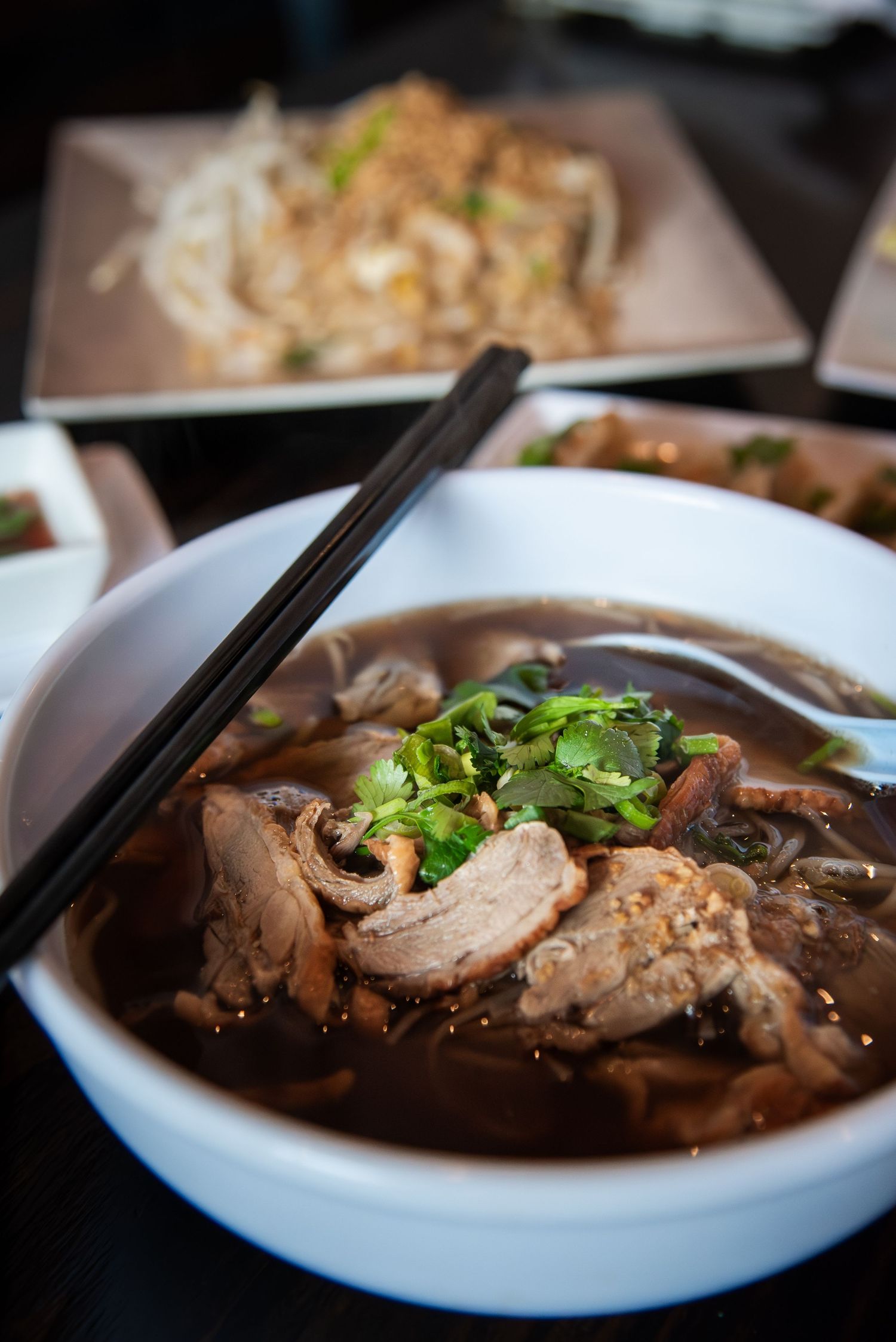 Braised meat dish garnished with fresh herbs served in a white bowl with dark sauce.