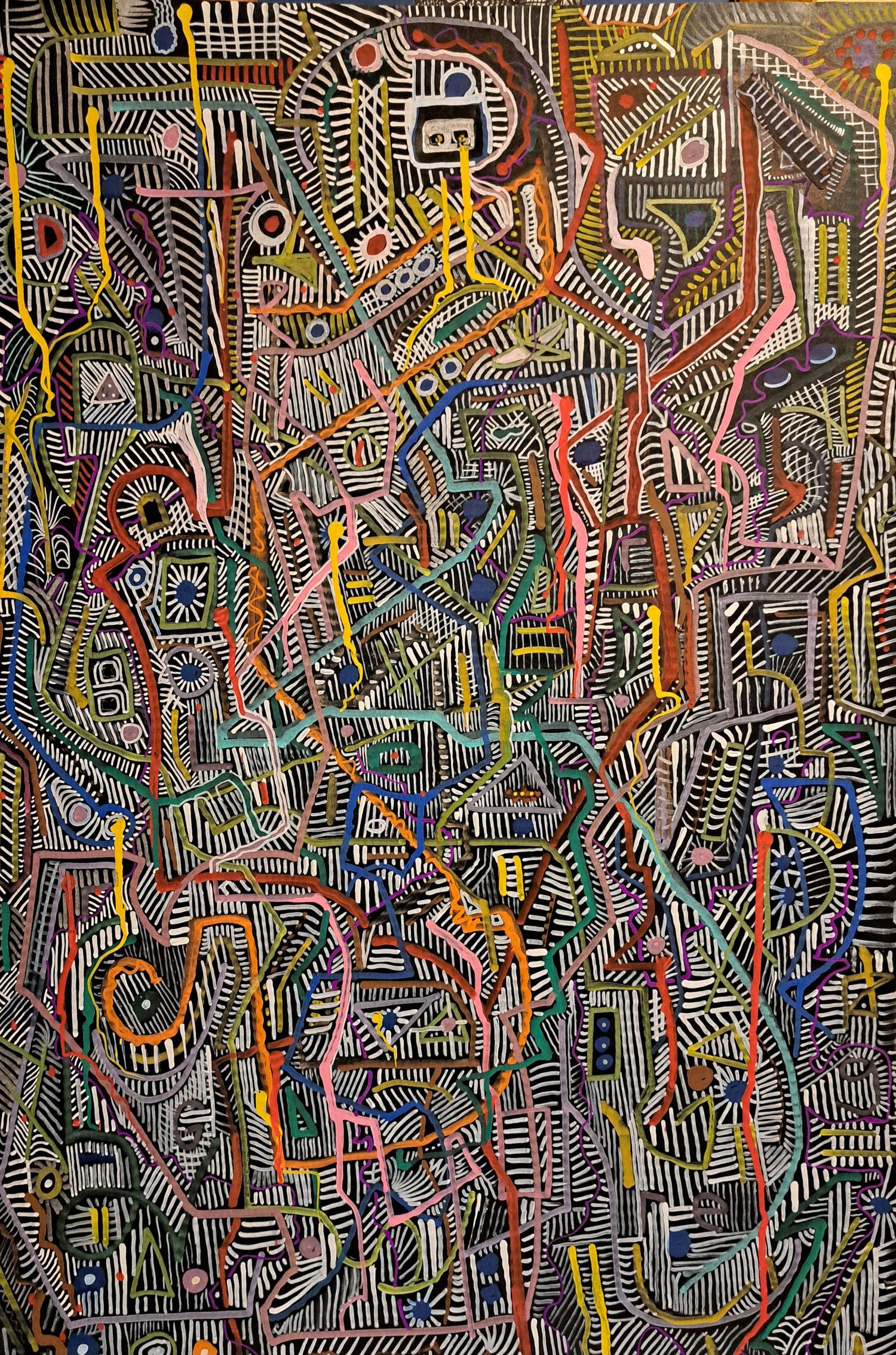 Abstract artwork featuring intricate maze-like patterns in black and white with colorful vertical lines weaving throughout.