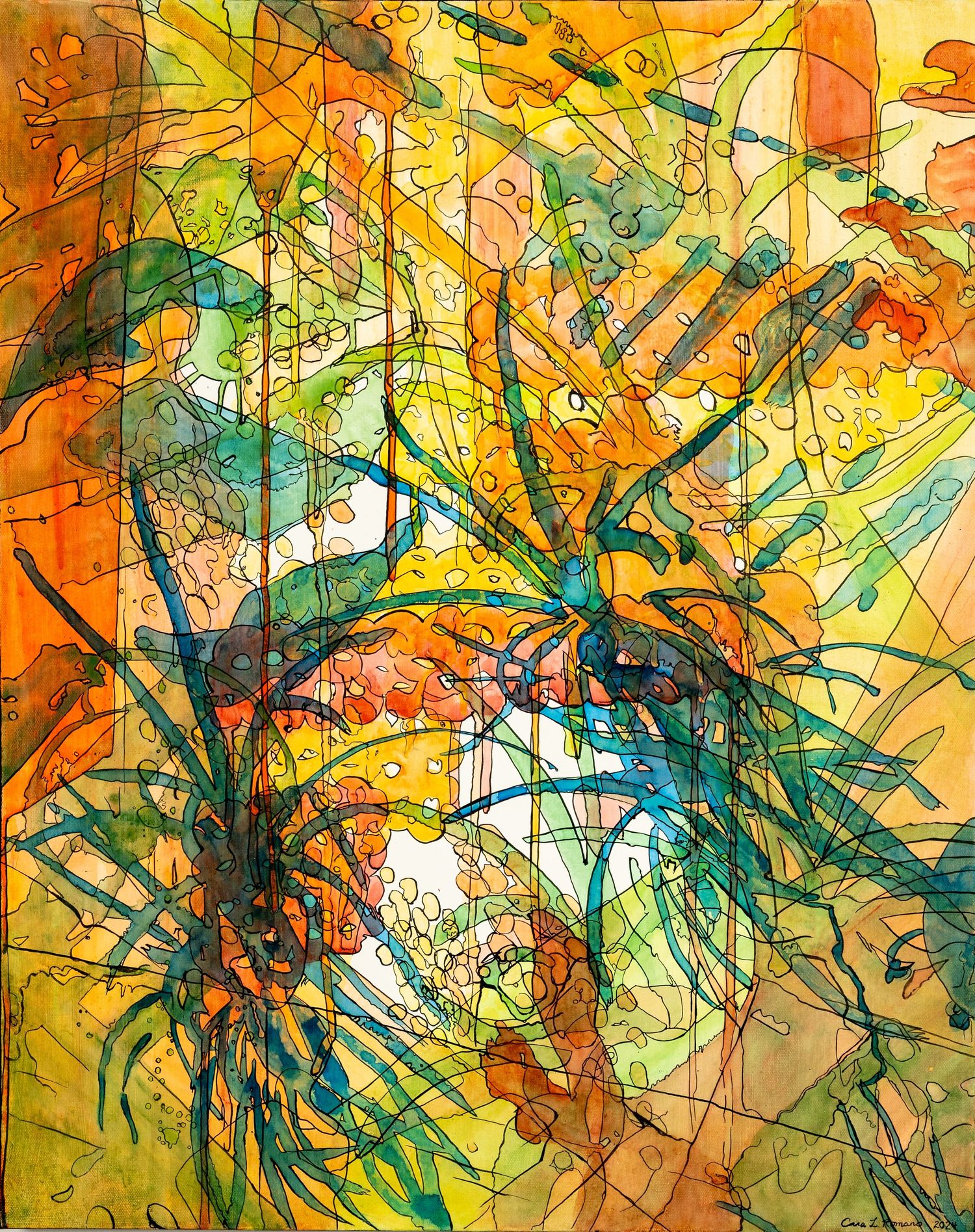 Vibrant abstract watercolor painting with swirling green, orange, and yellow hues depicting tropical foliage in expressive brushstrokes.