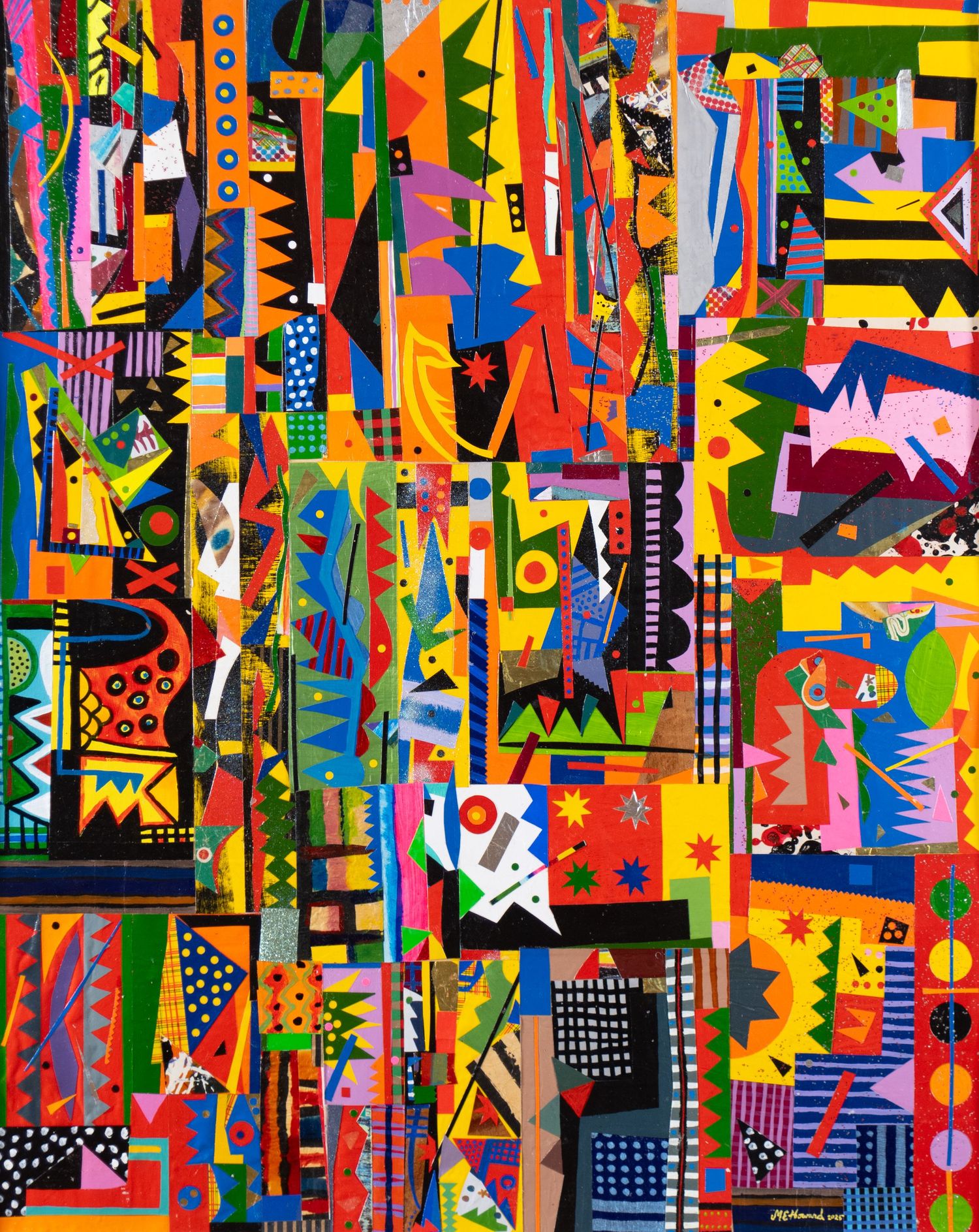 Colorful abstract artwork with geometric patterns and bold shapes in rainbow hues.