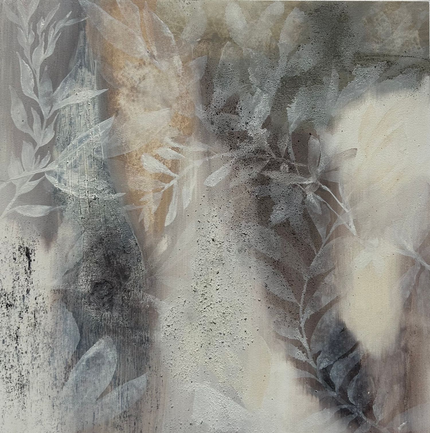 Abstract painting featuring ethereal grey and white botanical leaves on a textured, muted earth-toned background.