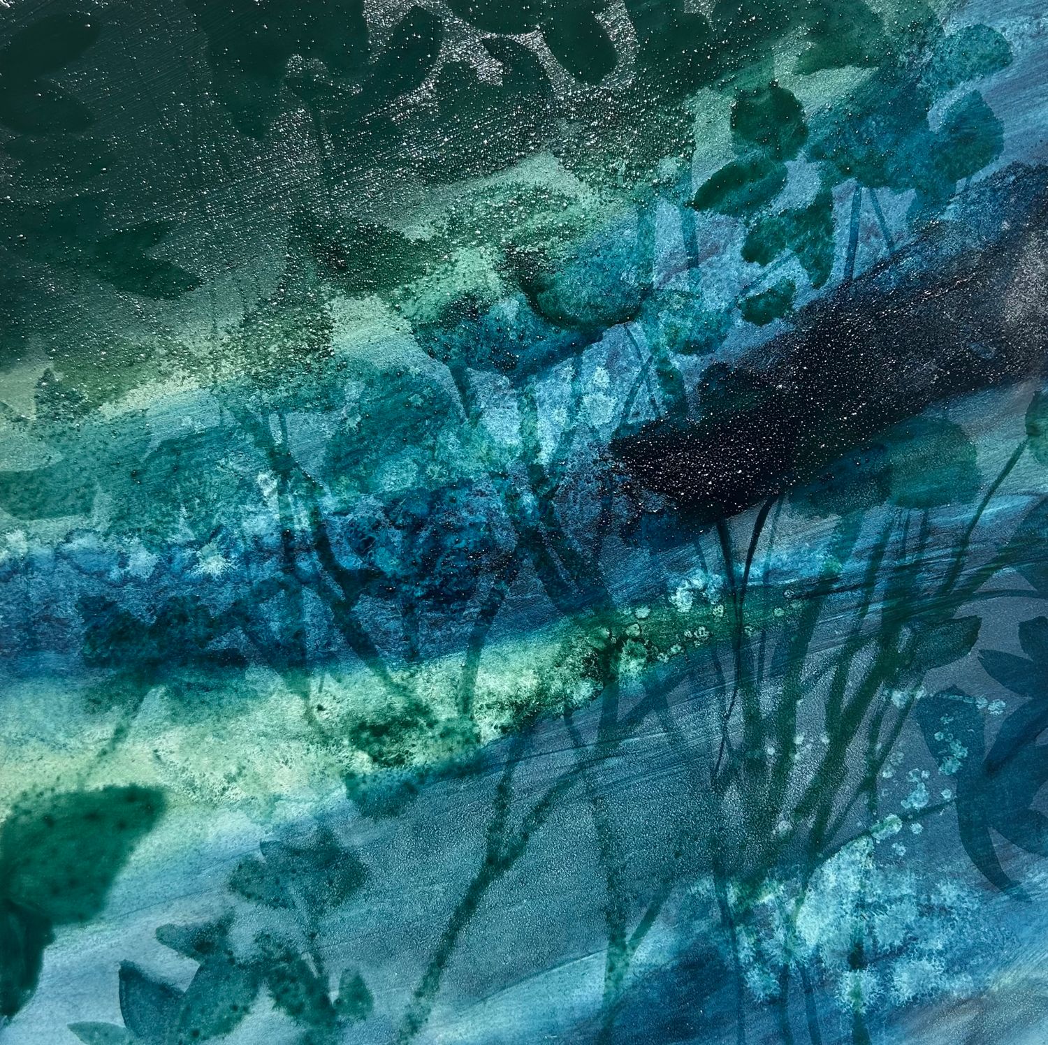 Abstract mixed media artwork in blue and green tones featuring layered botanical silhouettes and textured washes.