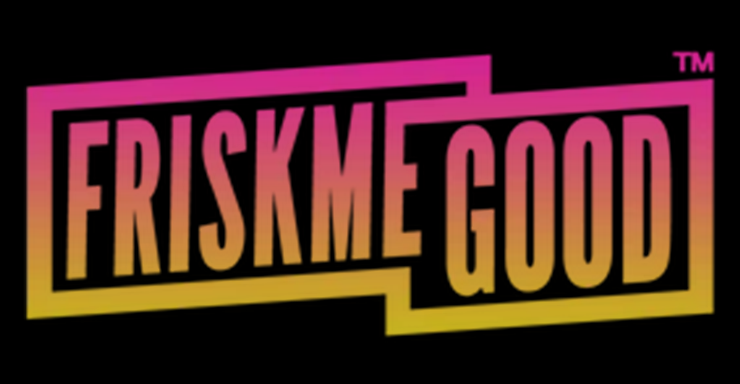 Pink and orange gradient text logo in rectangular frame.