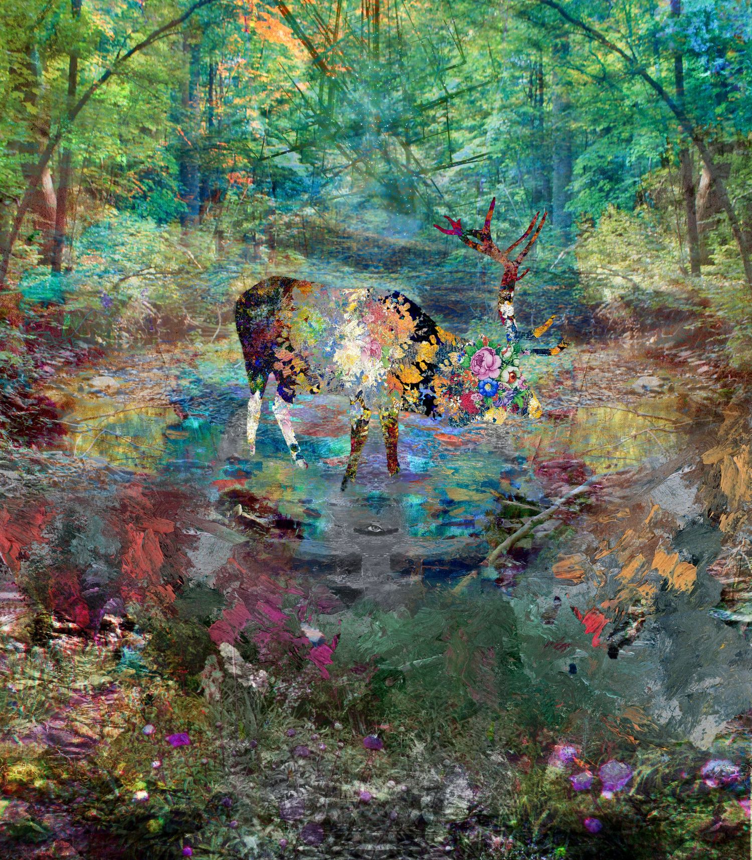 Vibrant watercolor painting depicts two figures walking through a mystical forest path with colorful reflections in a stream.