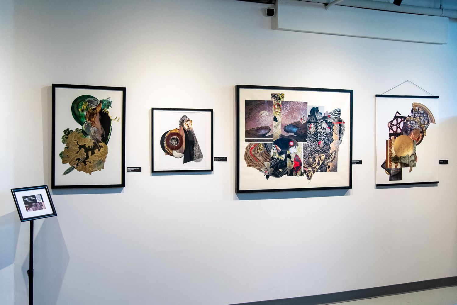Four framed mixed-media artworks displayed on a white gallery wall, featuring colorful collage and illustration styles.