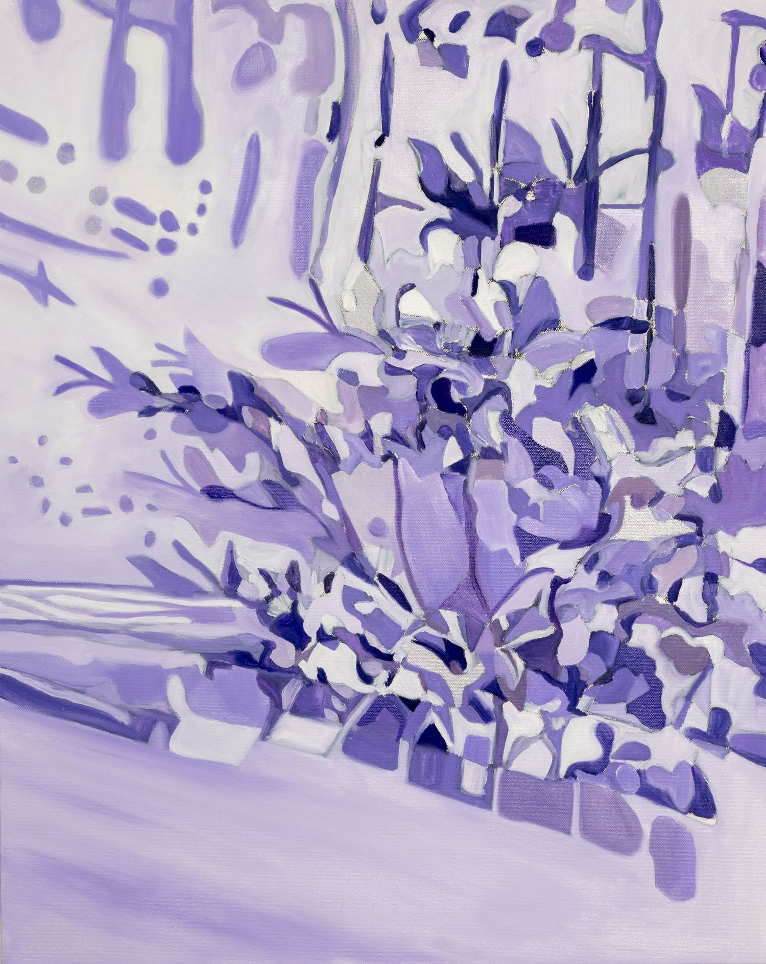 Abstract painting of a garden scene in purple and lavender tones featuring lush foliage and trees.