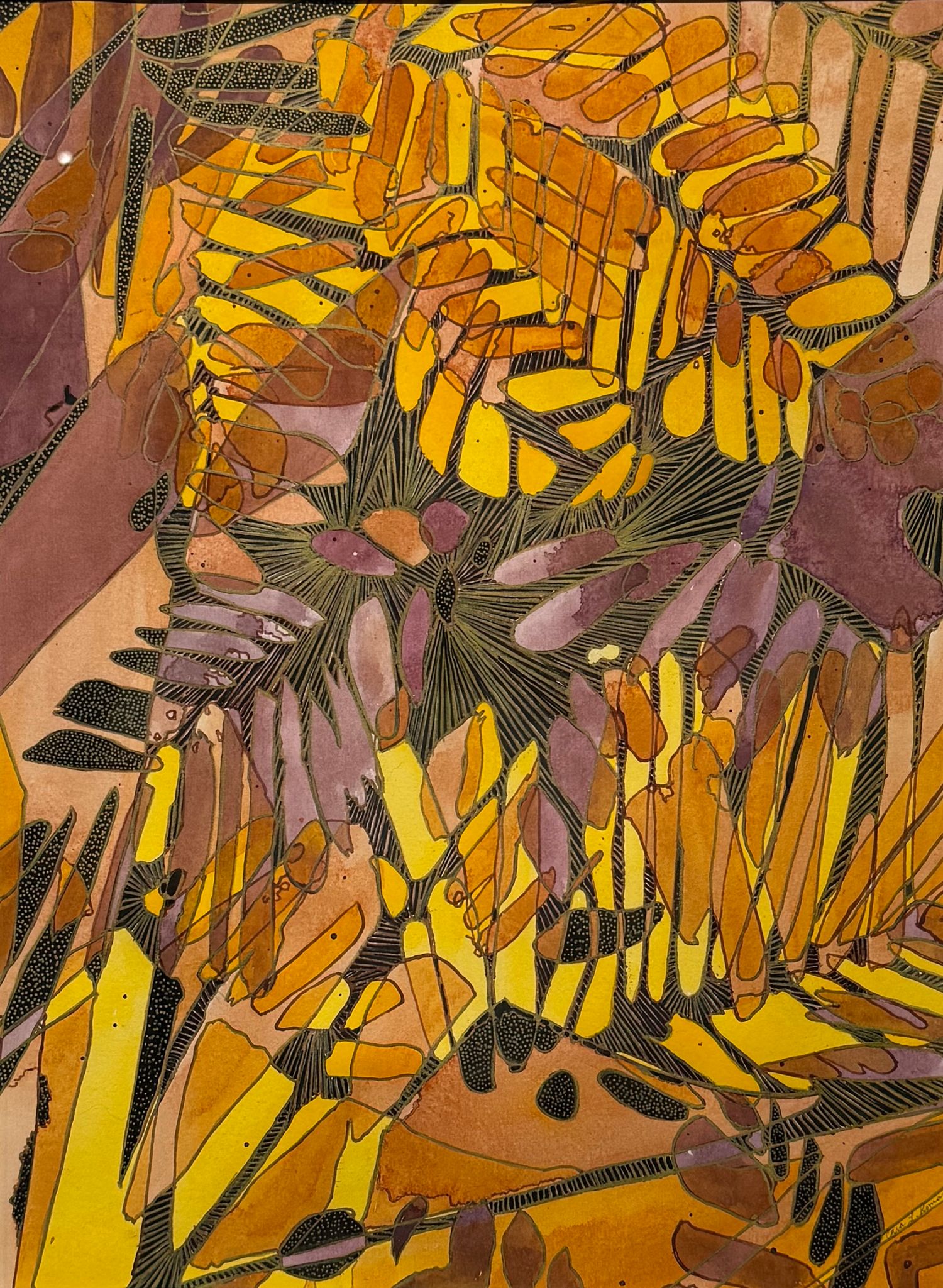 Abstract painting with golden yellow and purple tones featuring overlapping leaf and petal shapes with black line details.