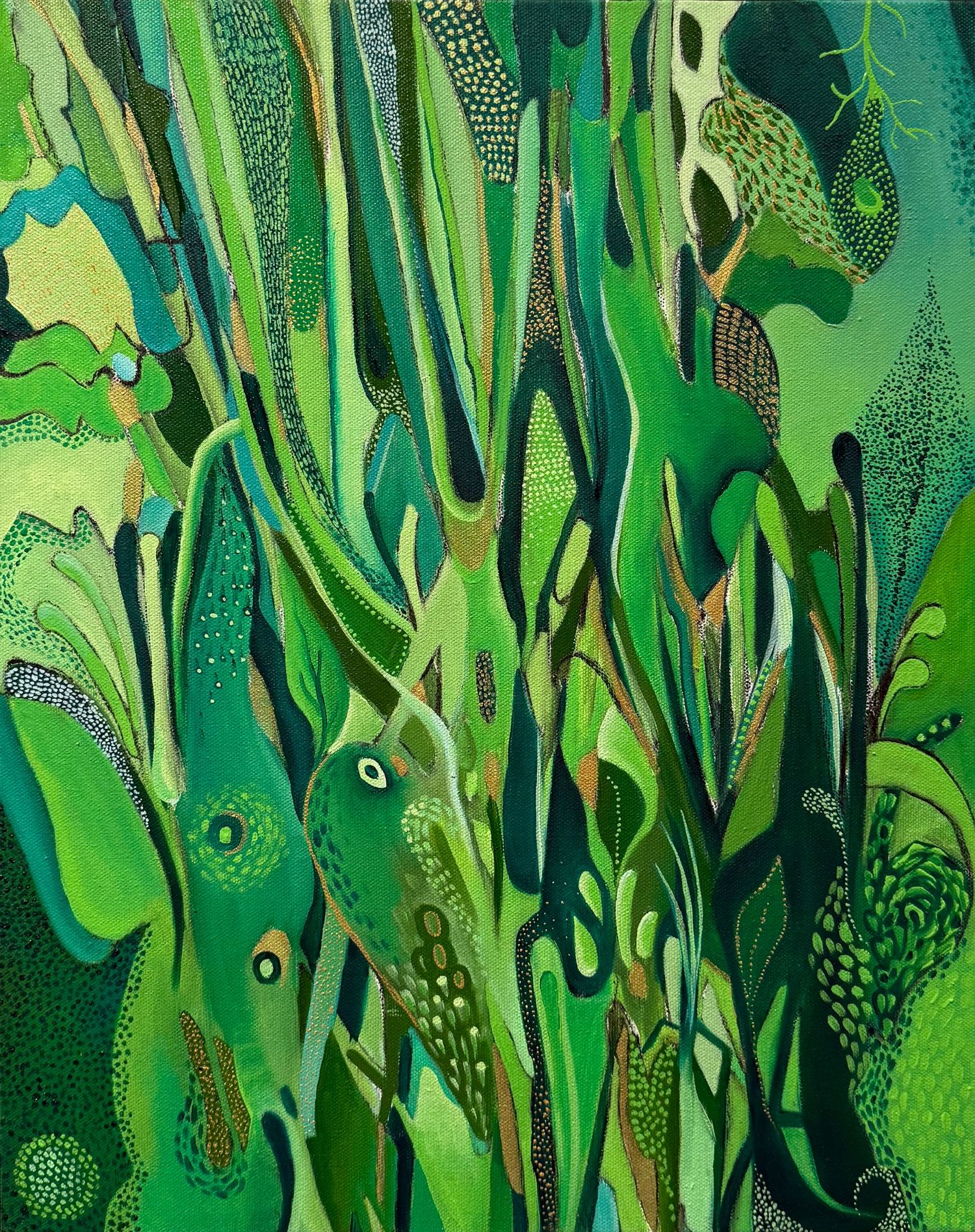 Abstract green painting with layered botanical forms, swirling patterns, and dotted textures creating a lush, jungle-like composition.