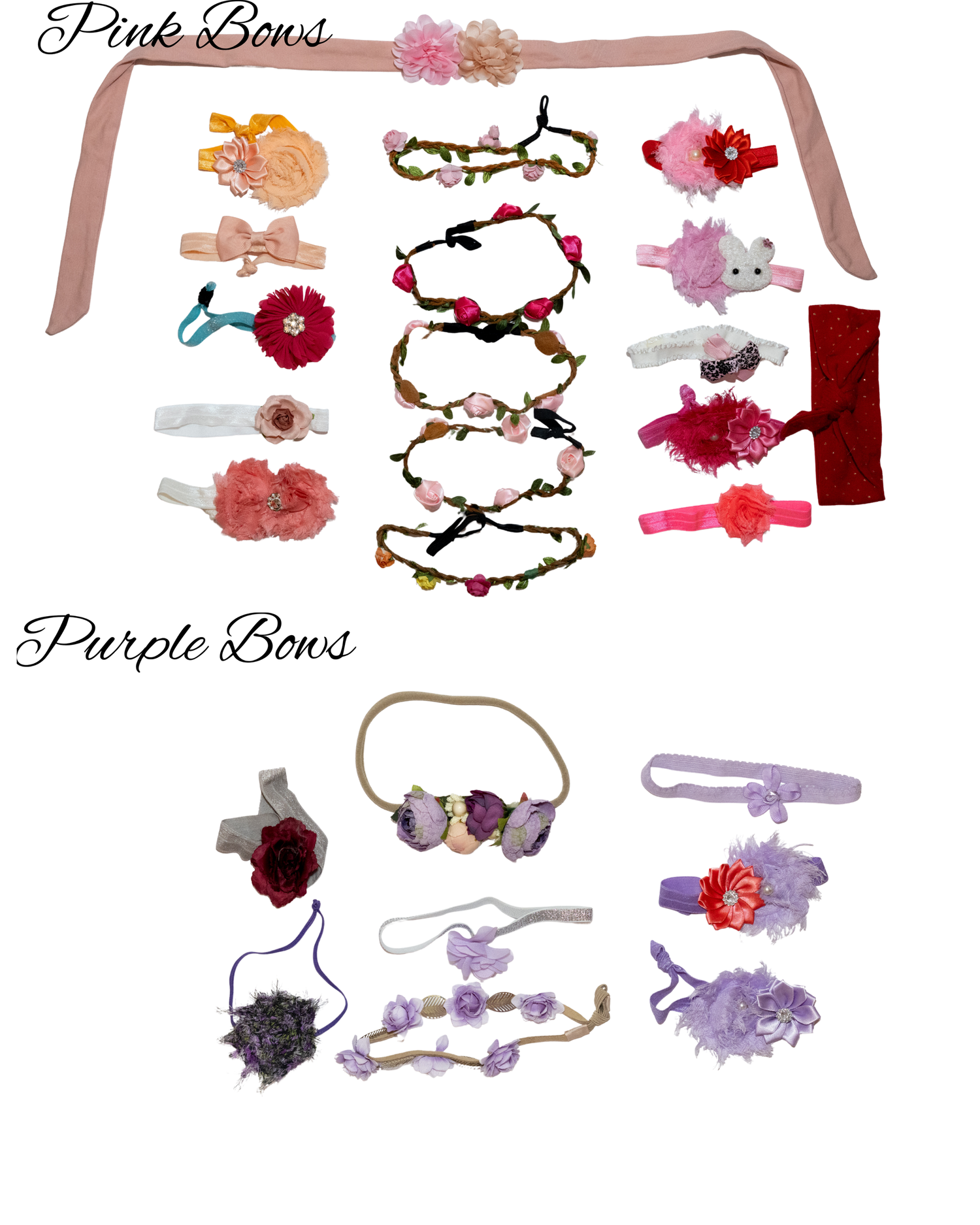 Assorted pink and purple floral baby headbands and hair bows collection, including flower crowns and elastic bands.