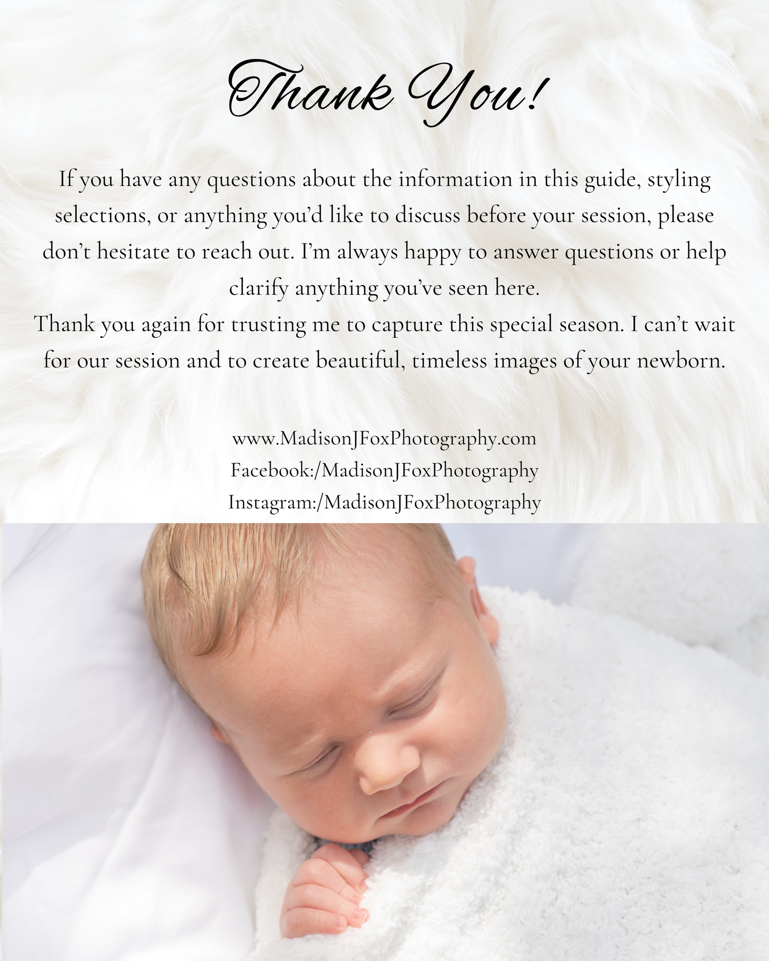 A peaceful sleeping newborn baby wrapped in soft white blanket on a thank you card for Madison Fox Photography.