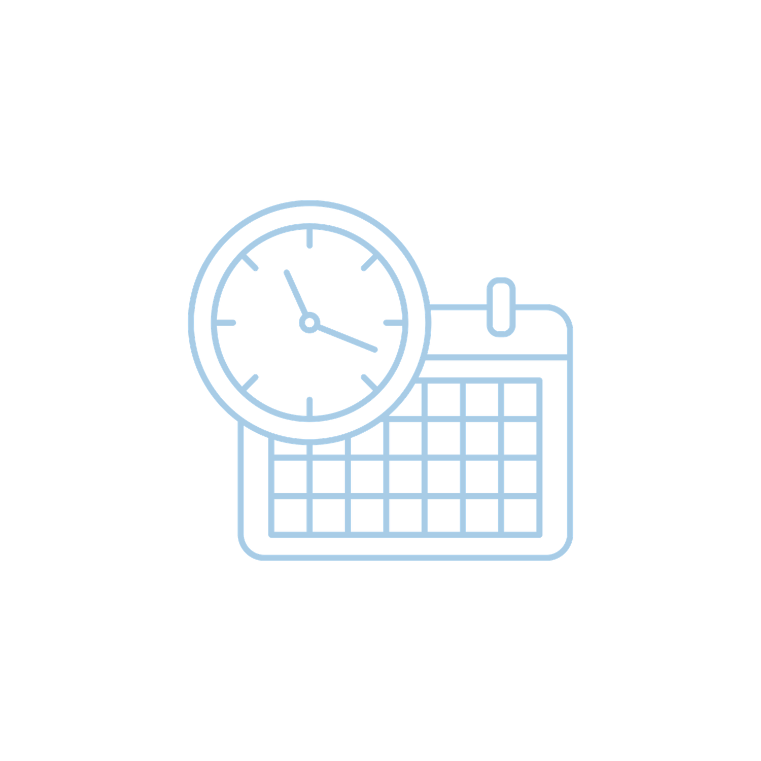 A light blue icon of a clock overlapping a calendar on a white background.