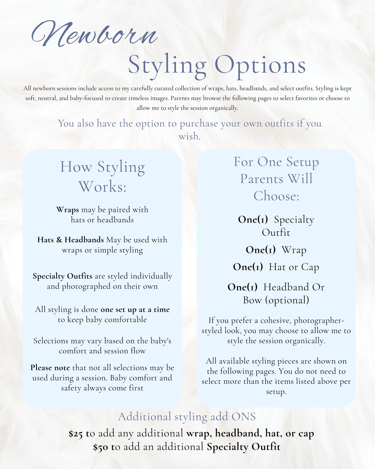 Newborn photography styling options guide detailing wrap, hat, headband, and specialty outfit choices for a professional photo session.