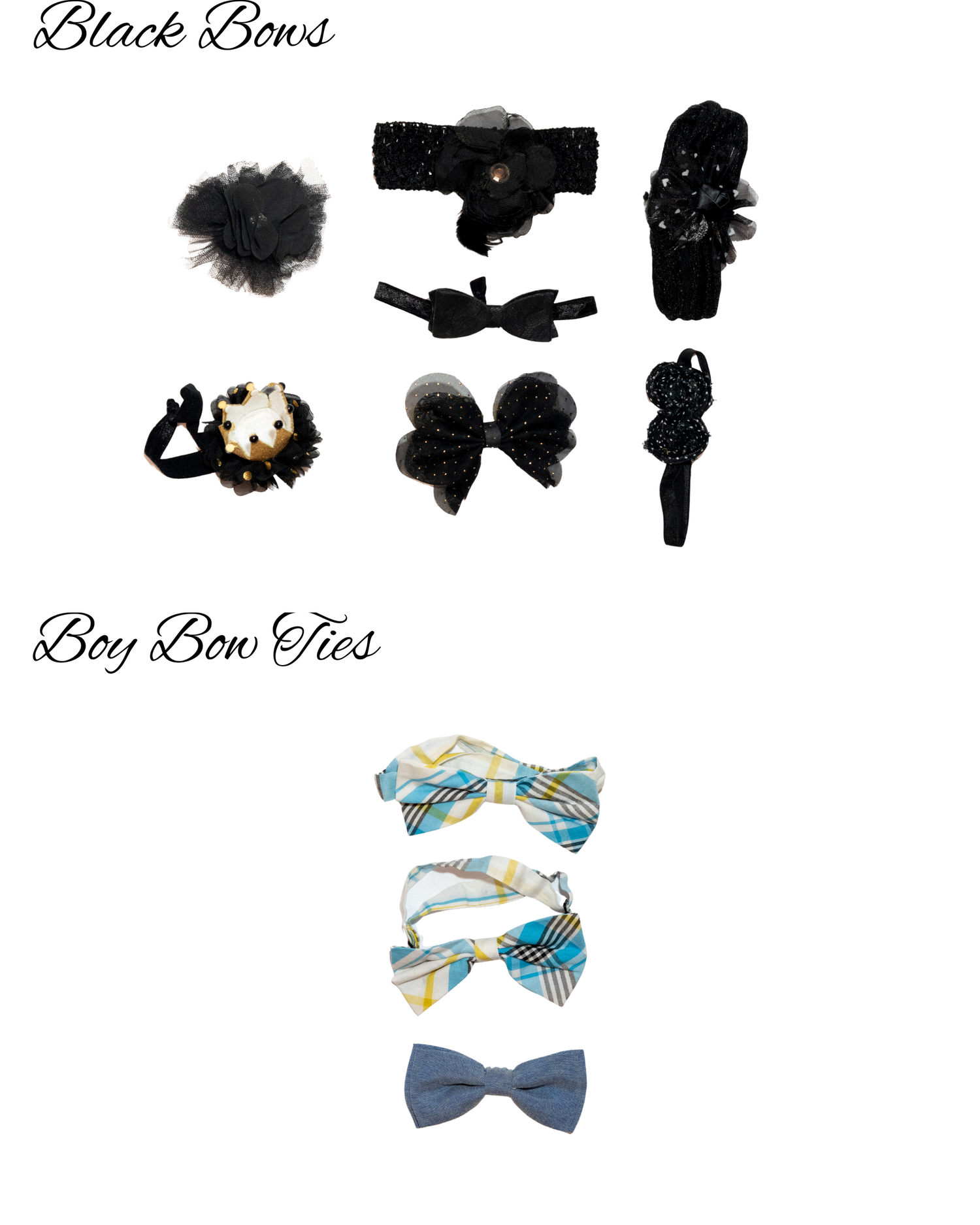 Black bows hair accessories set and colorful boy bow ties collection for kids.