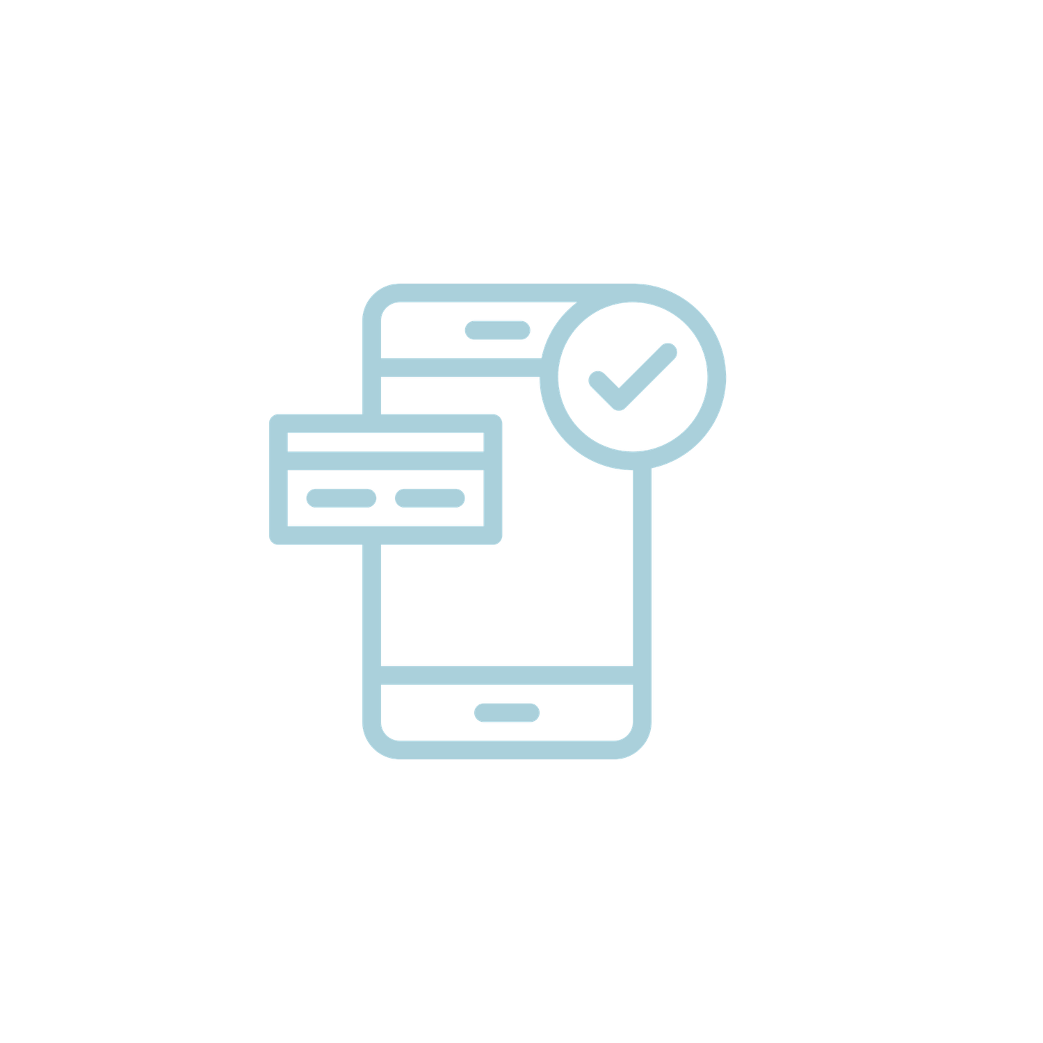 Mobile payment verification icon with smartphone, credit card, and checkmark symbol in light blue outline style.