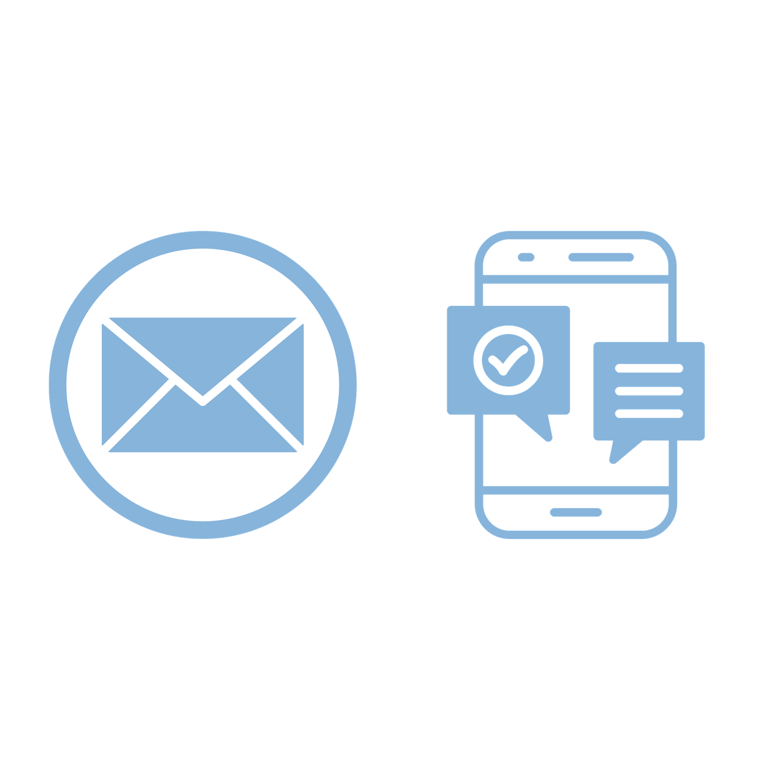 Blue icons of an email envelope in a circle and a smartphone with chat bubbles, representing digital communication.