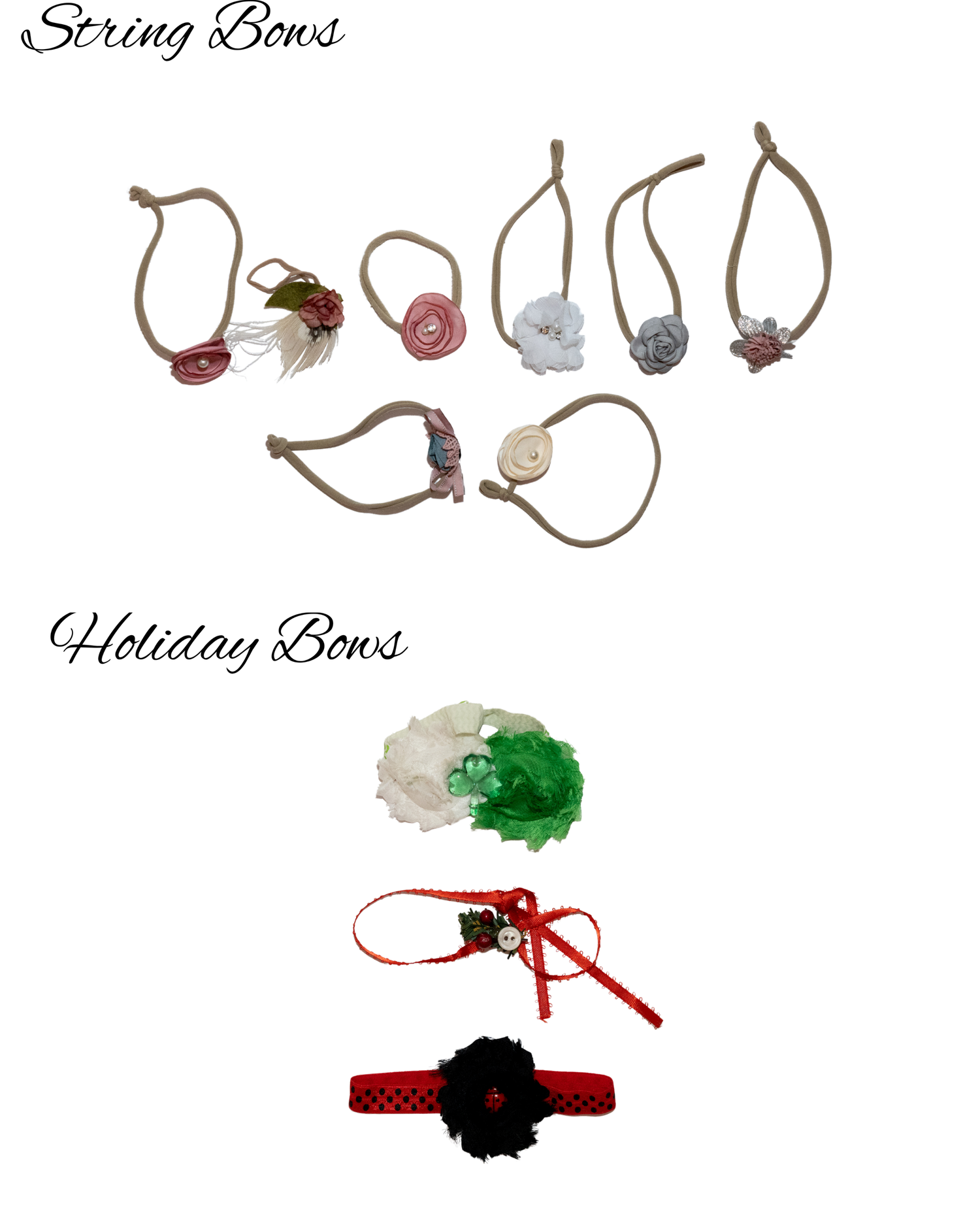 Handmade string bows and holiday hair accessories featuring floral designs in red, green, and white for festive styling.