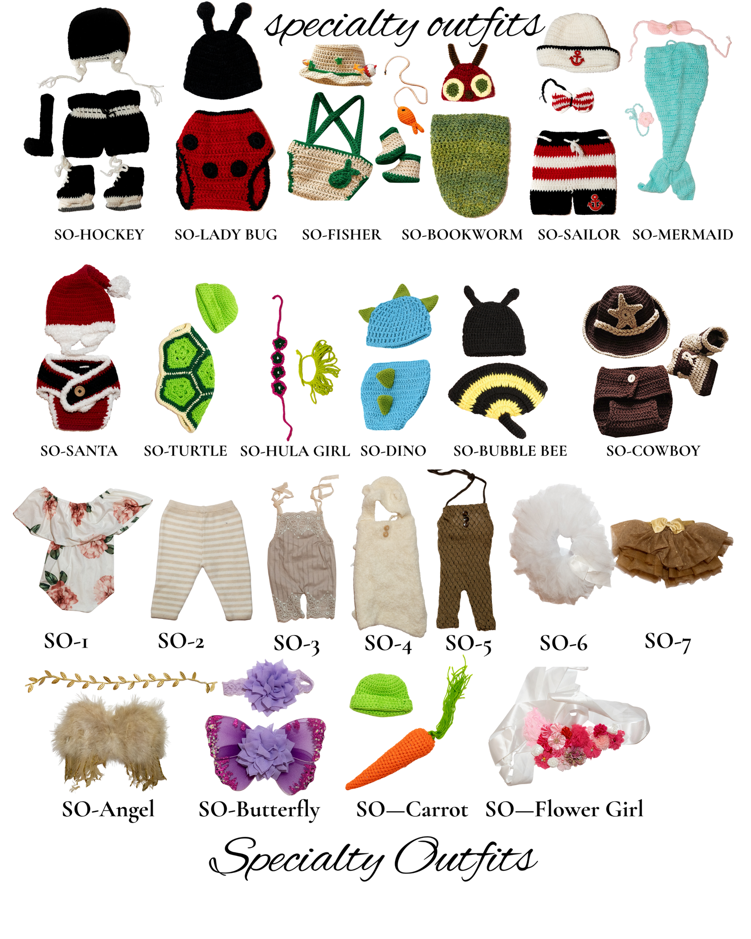 Specialty baby photo outfits including hockey, ladybug, fisher, bookworm, sailor, mermaid, Santa, turtle, hula girl, dino, bubble bee, cowbo