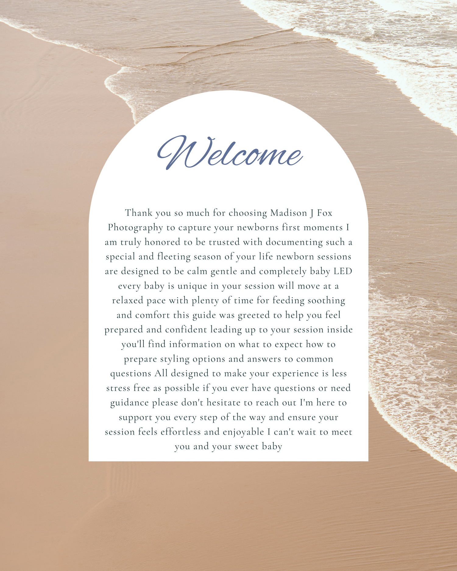 Welcome guide for Madison J Fox Photography newborn sessions on a serene beach background.