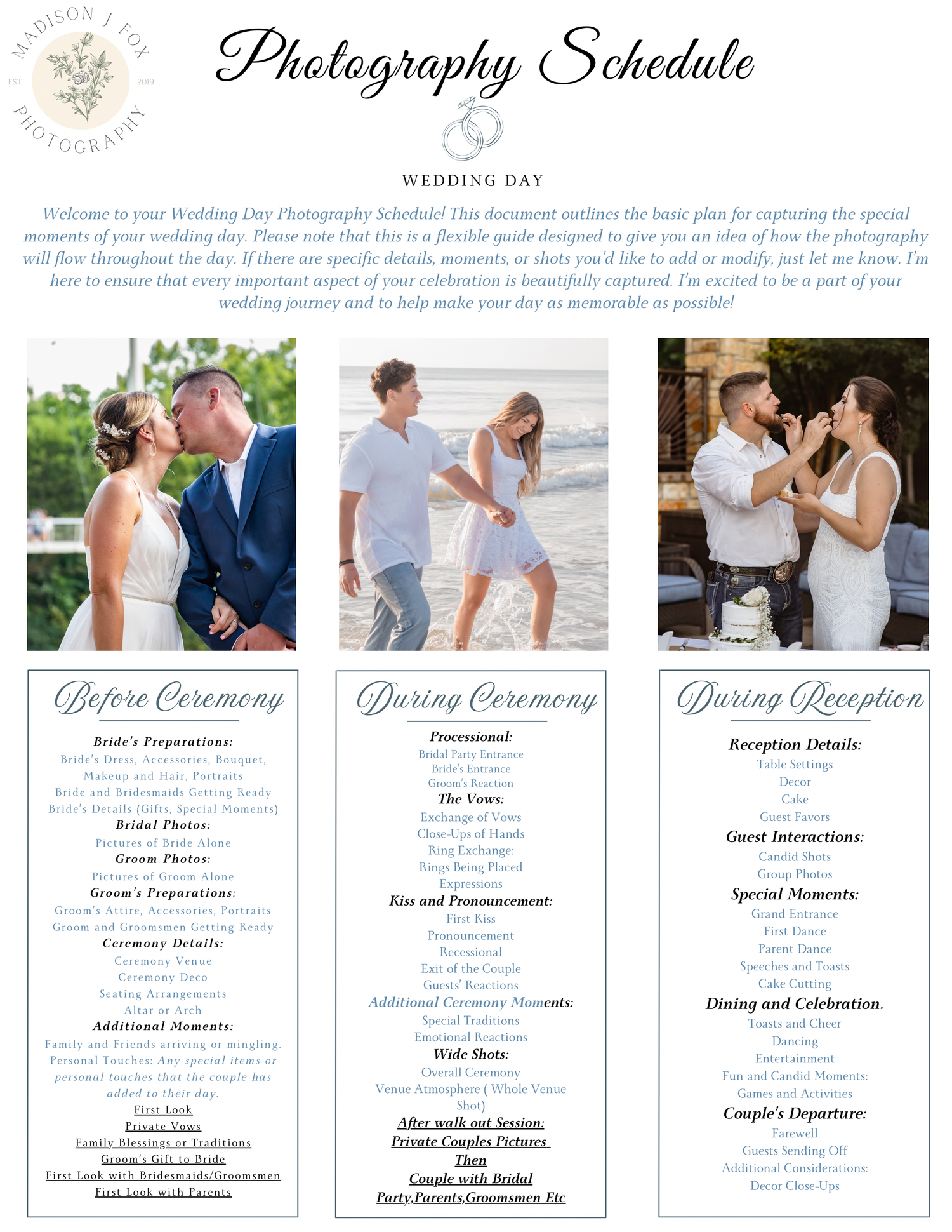 Wedding day photography schedule document with elegant floral design and couple photos outlining ceremony and reception timeline.