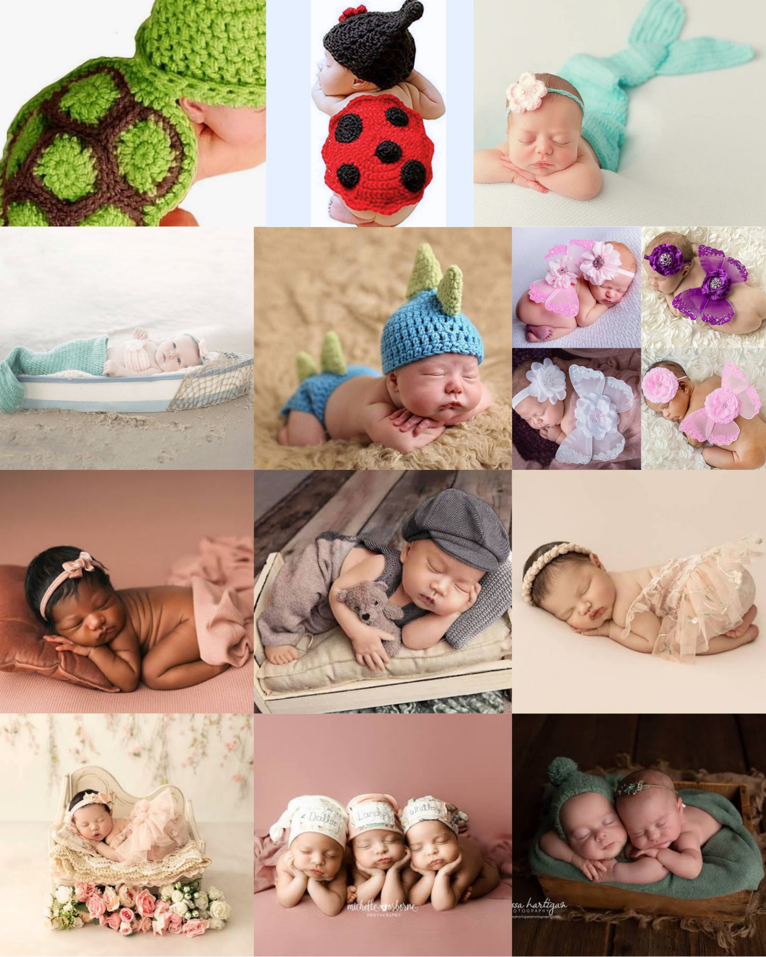 A collage of newborn babies in creative poses, some dressed in crocheted costumes like a turtle, ladybug, and mermaid.