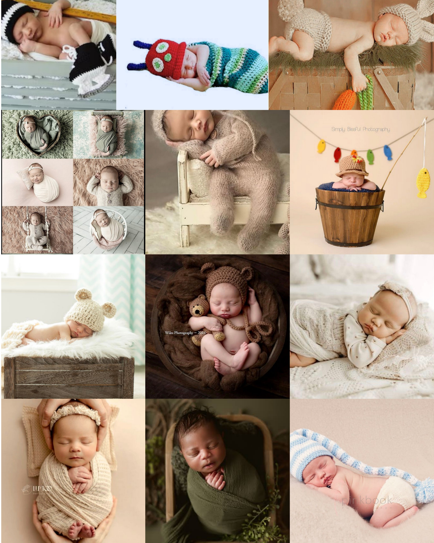 Collage of newborn baby photography featuring infants in knit costumes, wrapped poses, and creative props like buckets and wooden crates.