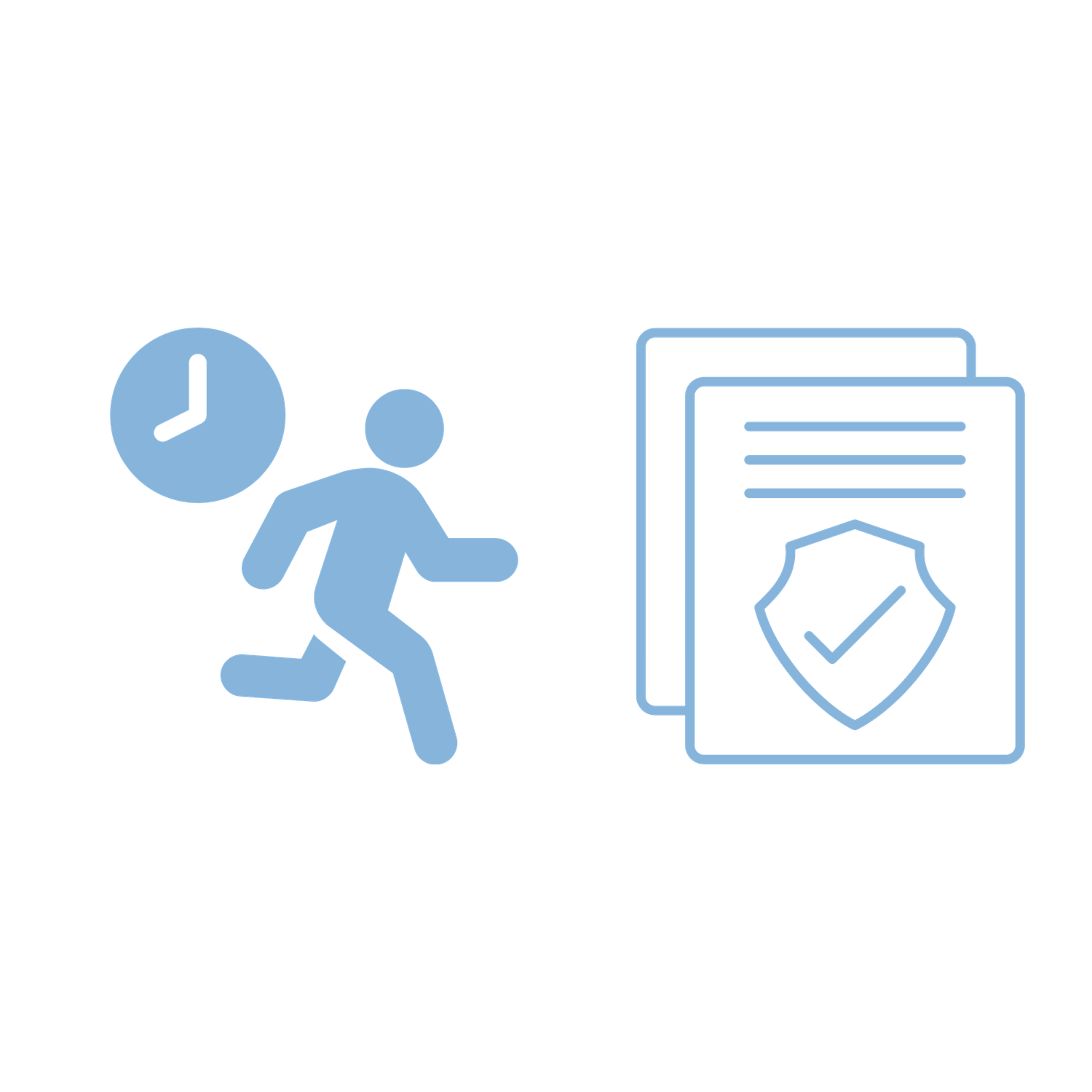 Person running with clock icon beside insurance documents, symbolizing fast and secure coverage processing.