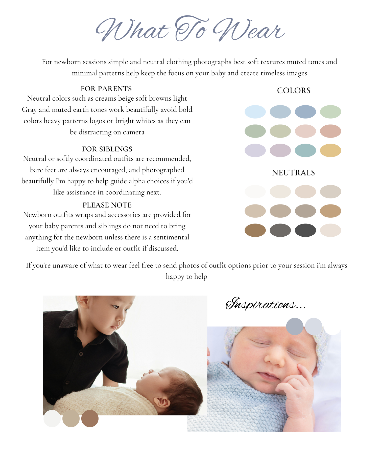 A newborn photography style guide showing outfit tips, color swatches, and inspiration photos of a sleeping baby.
