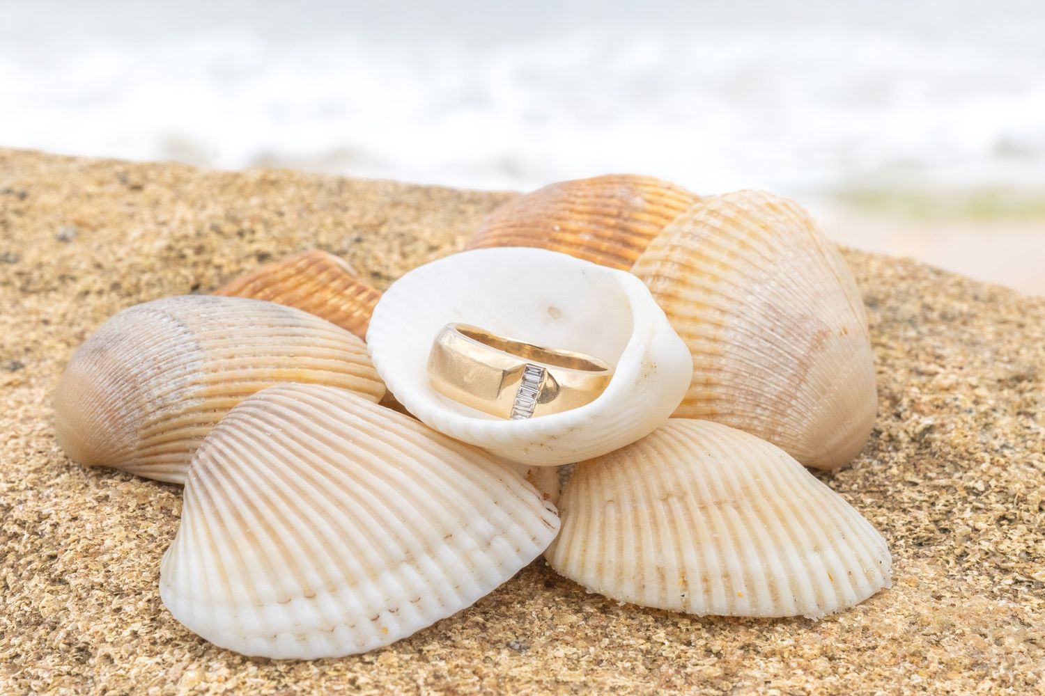Gold diamond engagement ring nestled inside a seashell surrounded by shells on sandy beach.