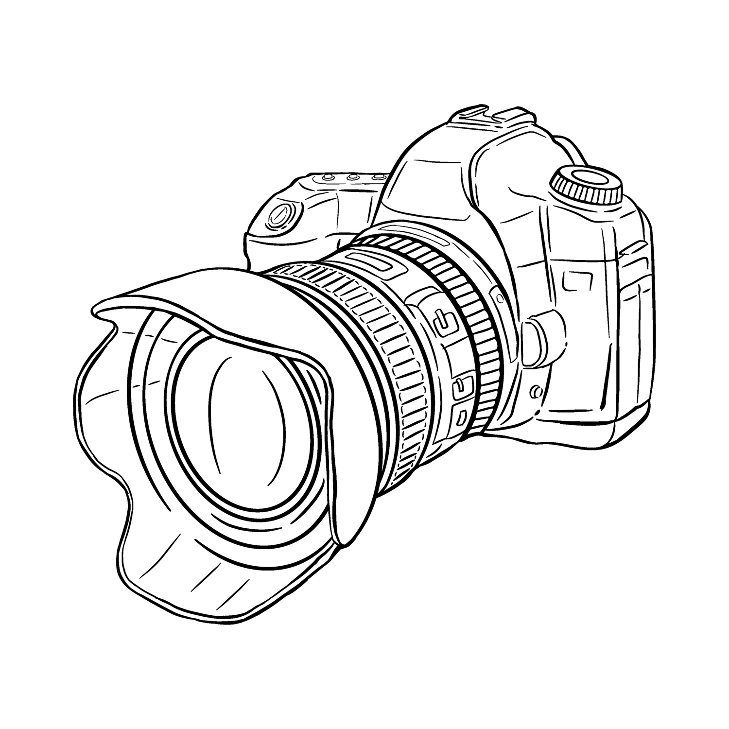 Detailed sketch drawing of a professional DSLR camera with lens hood in black outline.