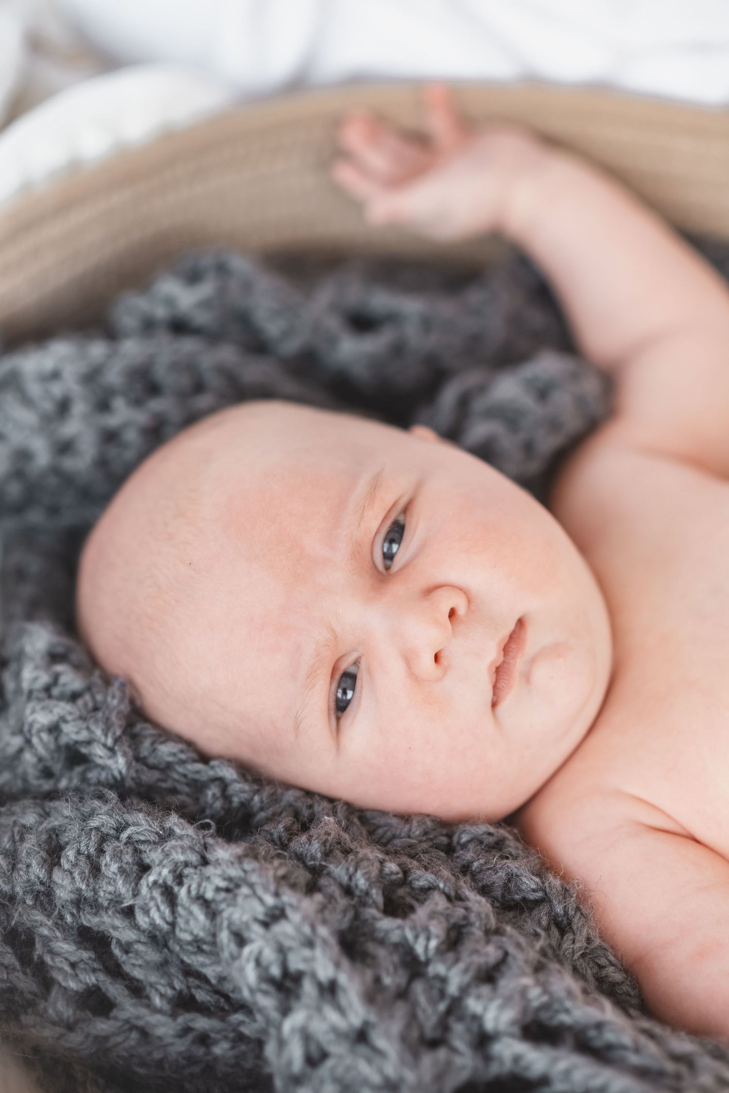 Newborn baby lying in a wooden bowl wrapped in a gray chunky knit blanket with eyes open.