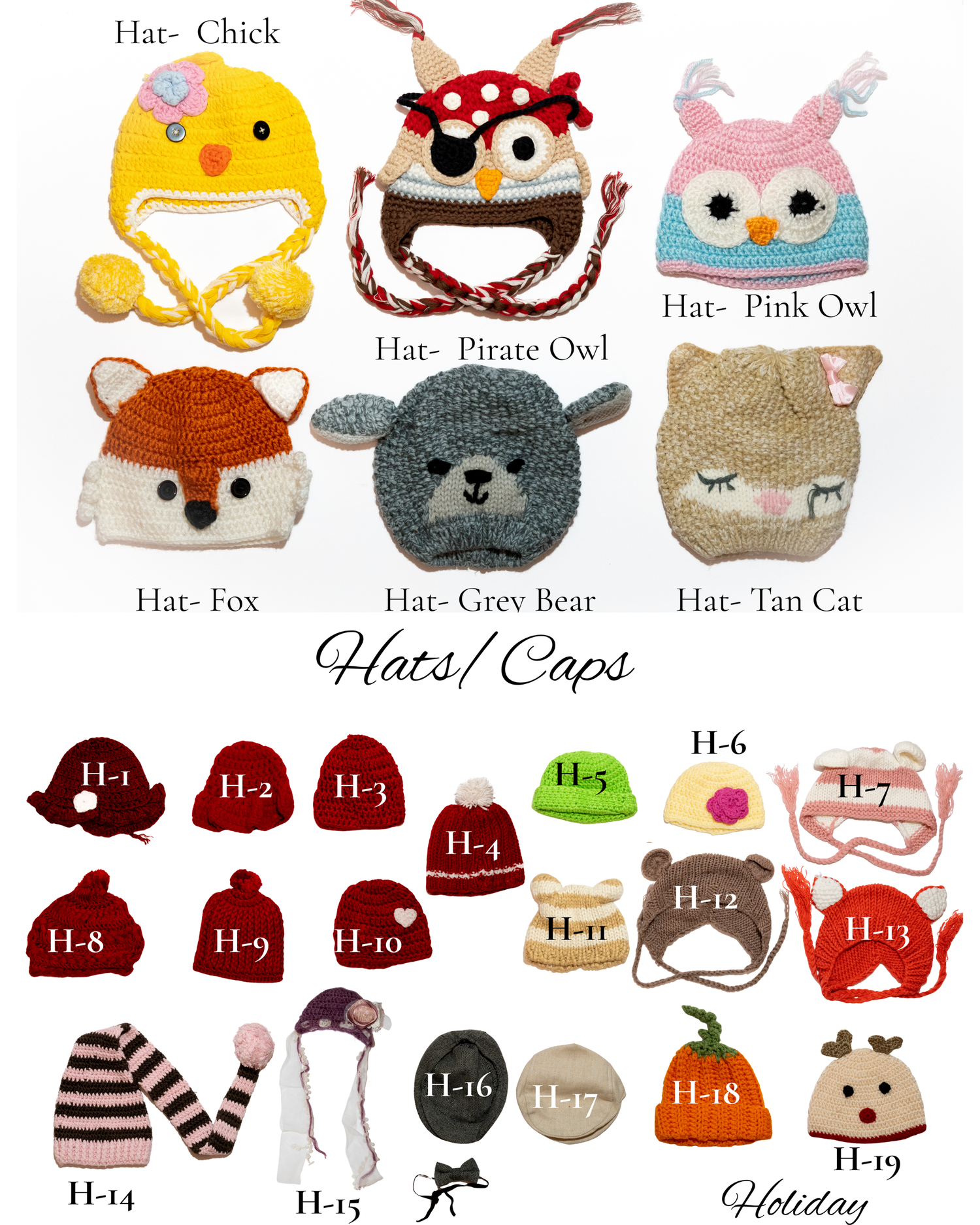 Colorful crocheted animal hats for kids including chick, pirate owl, pink owl, fox, grey bear, tan cat, and holiday styles.