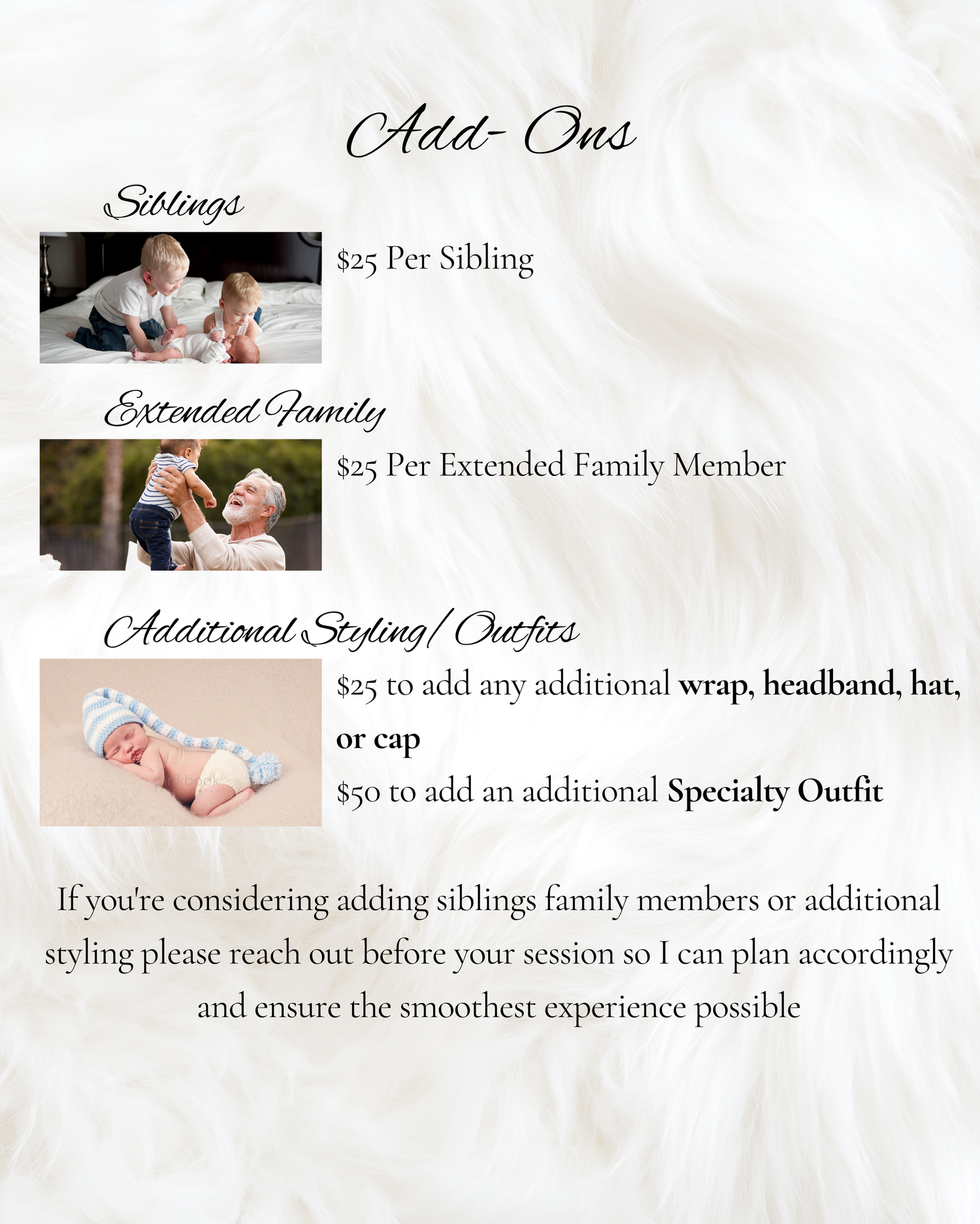 Photography session add-ons price list featuring sibling, extended family, and additional styling outfit options.